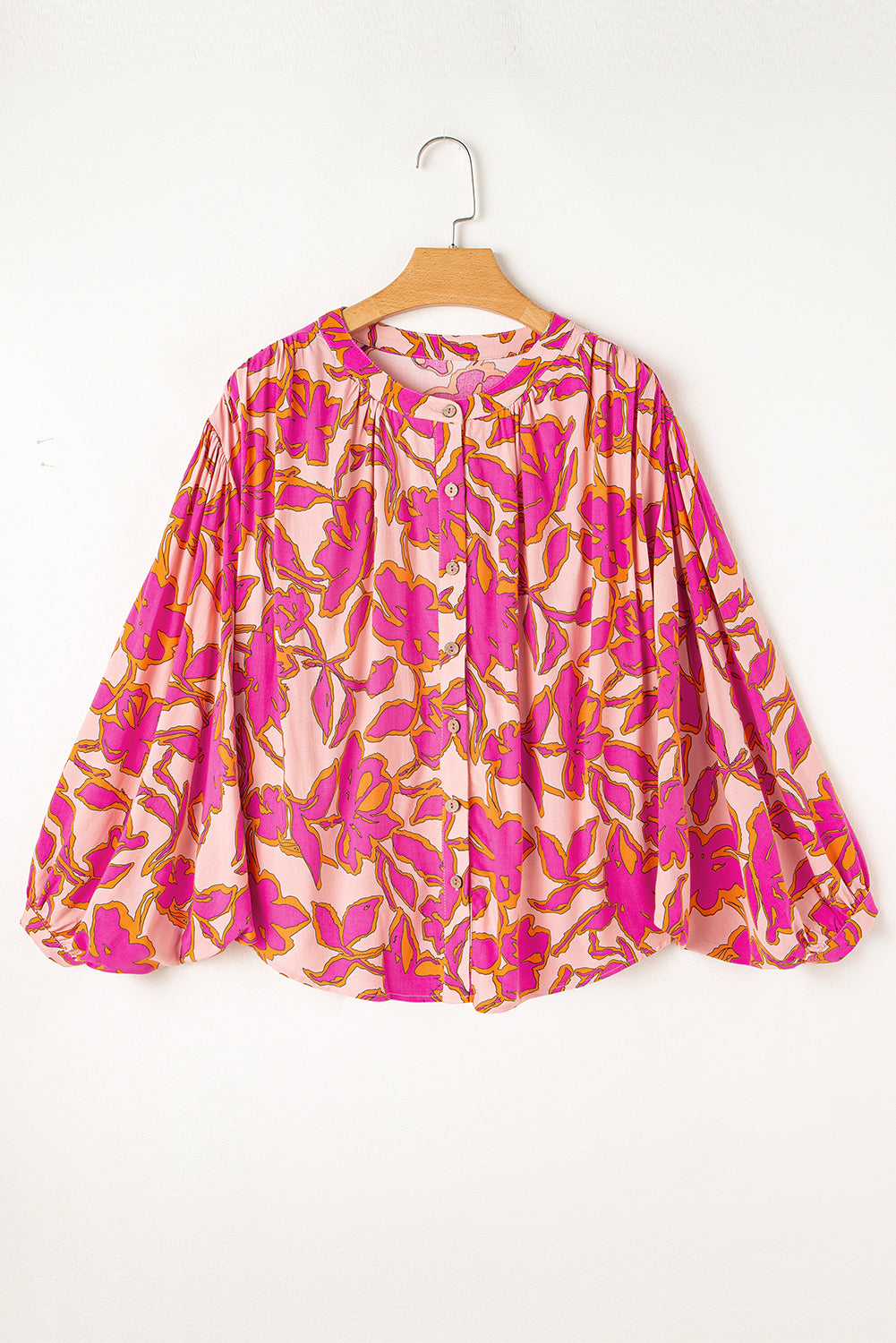 Pink Floral Print Batwing Sleeve Buttoned Loose Fit Shirt Blouses & Shirts JT's Designer Fashion