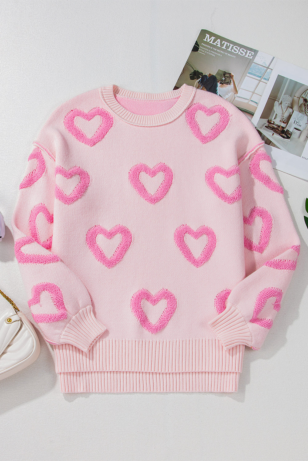 Pink Heart Shape Bubble Sleeve Baggy Sweater Sweaters JT's Designer Fashion