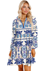 Blue Ethnic Print Striped Split Neck Long Sleeve Flowy Mini Dress Mini Dresses JT's Designer Fashion