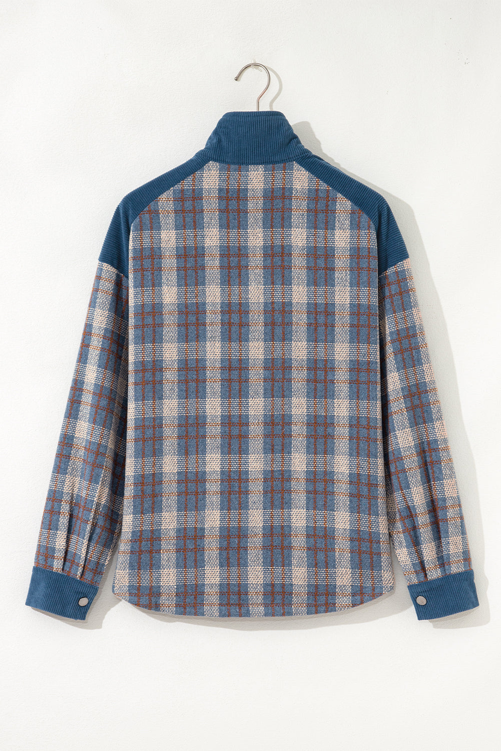 Gray Plaid Corduroy Patchwork Collared Zip Up Snap Button Jacket Plaid Shackets JT's Designer Fashion