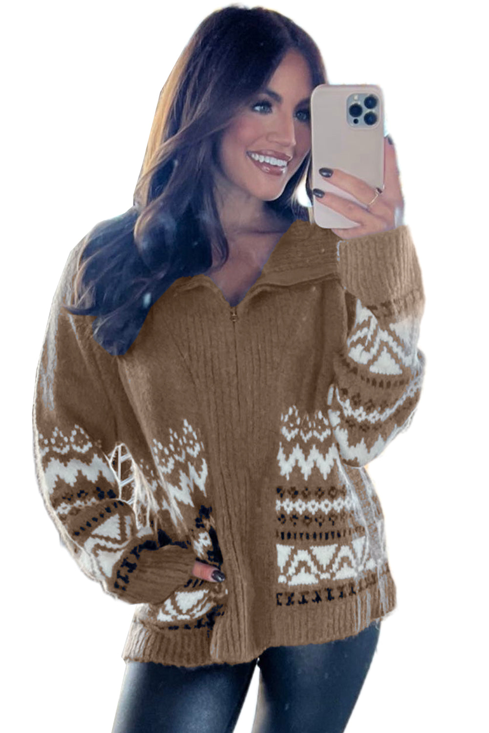 Brown Western Printed Ribbed Trim Collared Zip up Cardigan Cardigans JT's Designer Fashion