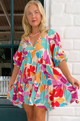 Rose Red Floral Bubble Sleeve V Neck Tiered Ruffle Babydoll Dress Floral Dresses JT's Designer Fashion