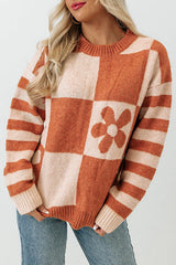 Brown Checkered Floral Print Striped Sleeve Sweater Sweaters JT's Designer Fashion