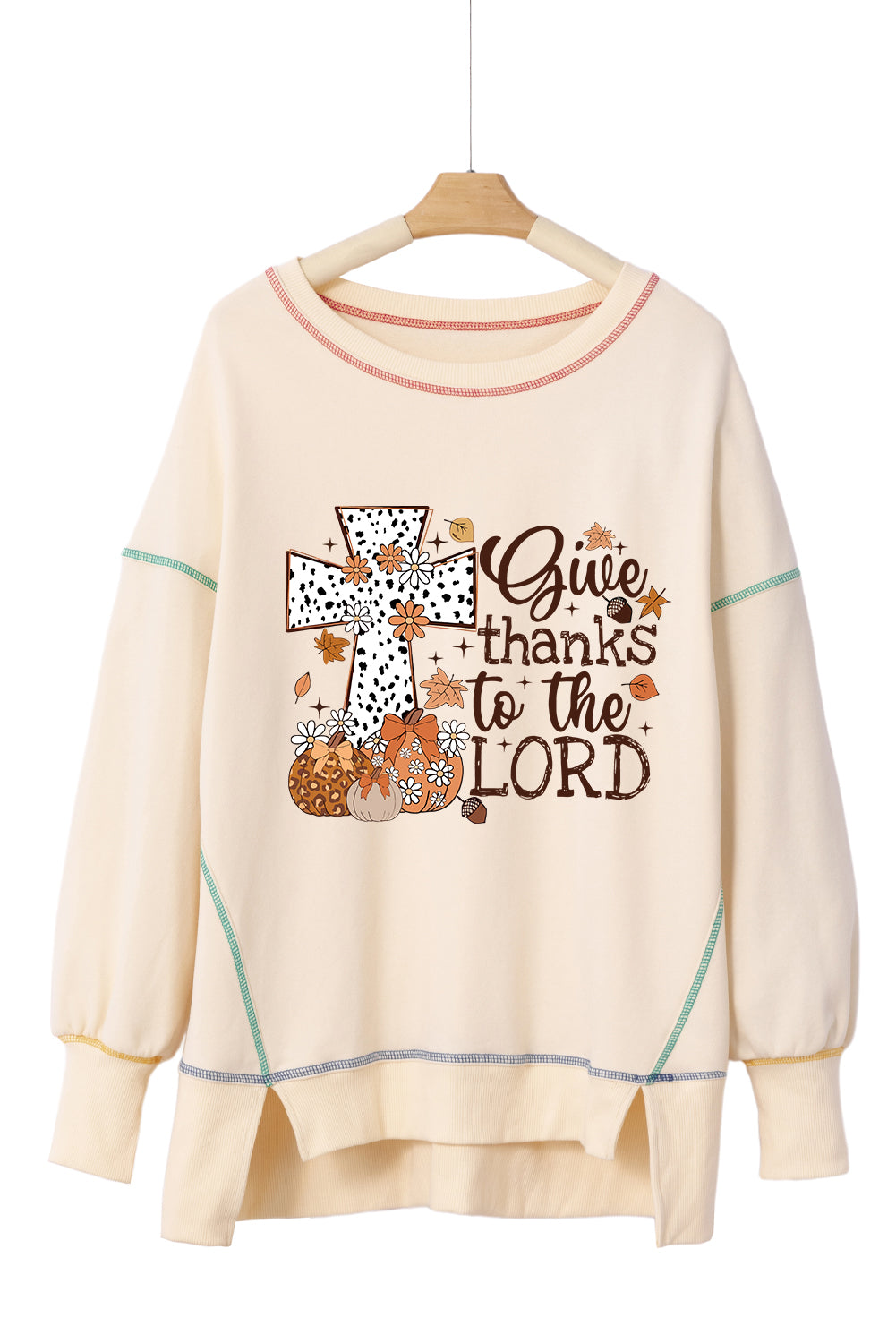 White Give Thanks to the LORD Graphic High Low Hem Loose Sweatshirt Graphic Sweatshirts JT's Designer Fashion