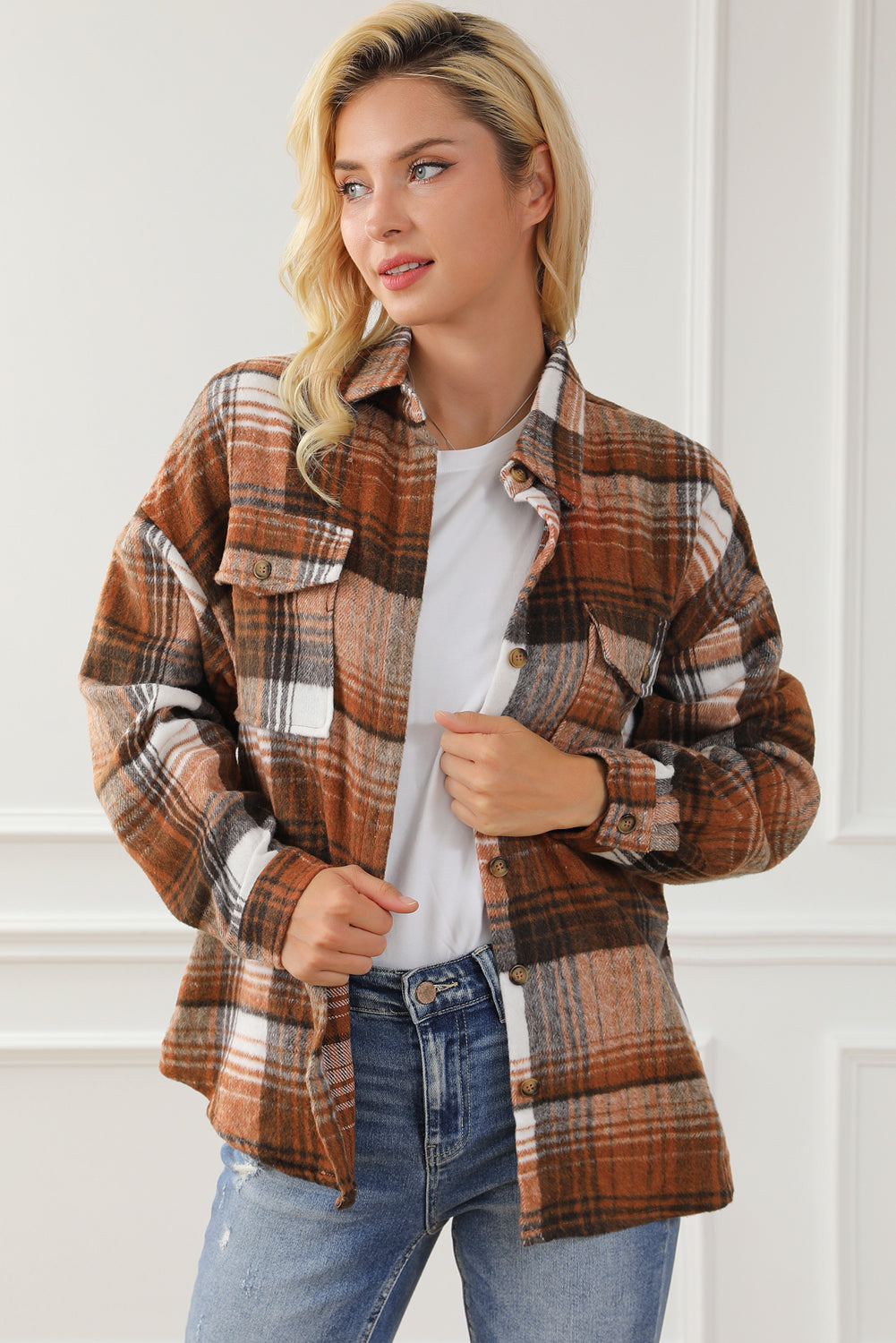 Brown Plaid Flap Pockets Shacket Plaid Shackets JT's Designer Fashion