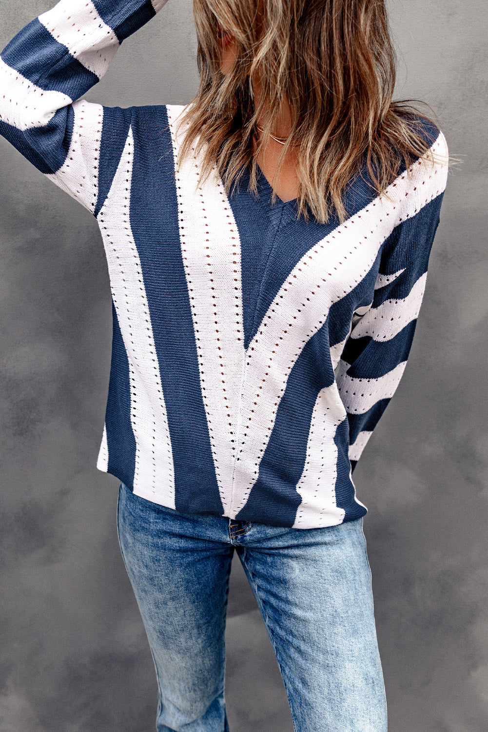 Blue Striped Colorblock V Neck Knitted Sweater Sweaters & Cardigans JT's Designer Fashion
