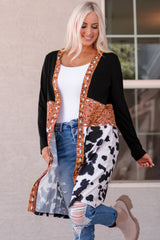 Black Western Pattern Cow Patchwork Open Front Cardigan Sweaters & Cardigans JT's Designer Fashion
