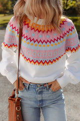 White Ethnic Geometric Colorblock Print Drop Shoulder Sweater Sweaters JT's Designer Fashion