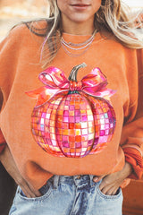 Orange Bow Pumpkin Graphic Crewneck Corded Thanksgiving Sweatshirt Orange-3 100%Polyester Graphic Sweatshirts JT's Designer Fashion