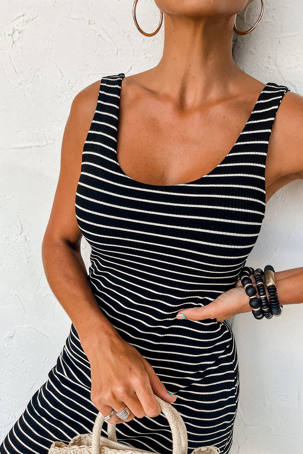 Black Stripe Ribbed Knit Sleeveless Mini Dress Mini Dresses JT's Designer Fashion