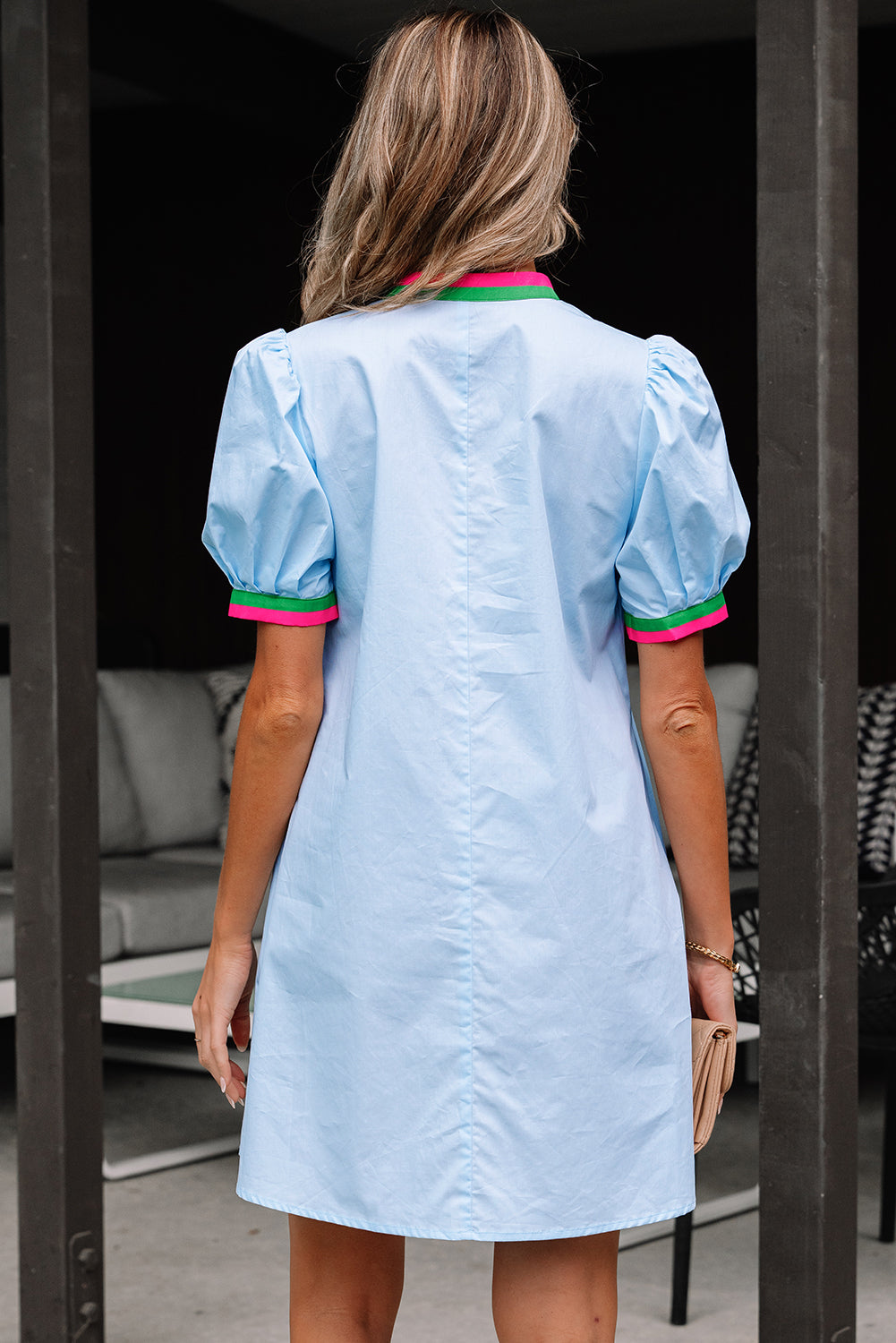 Myosotis Contrast Striped Notched V Neck Puff Sleeve Mini Dress Mini Dresses JT's Designer Fashion