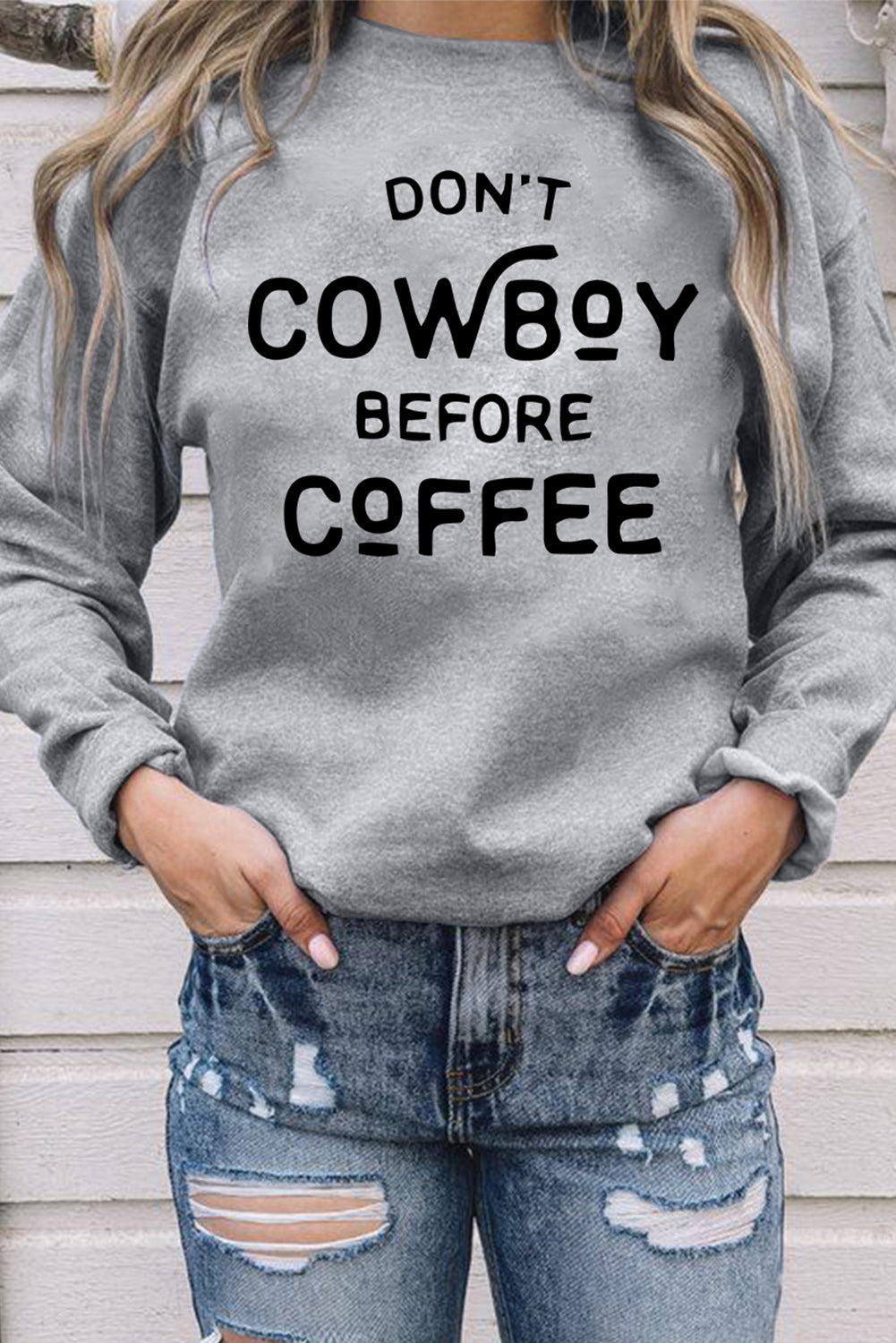 Gray Letter Print Drop Shoulder Crew Neck Pullover Sweatshirt Graphic Sweatshirts JT's Designer Fashion