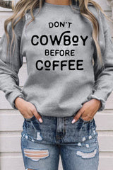 Gray Letter Print Drop Shoulder Crew Neck Pullover Sweatshirt Graphic Sweatshirts JT's Designer Fashion