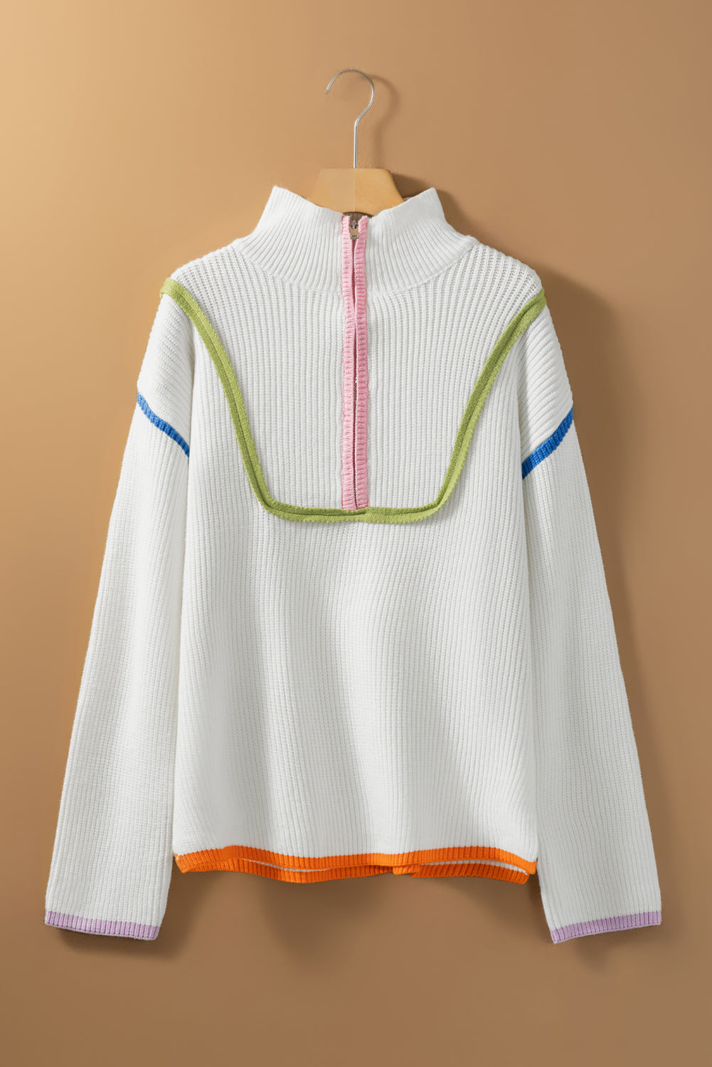 White Colorful Edge Quarter Zip Drop Shoulder Sweater Sweaters & Cardigans JT's Designer Fashion
