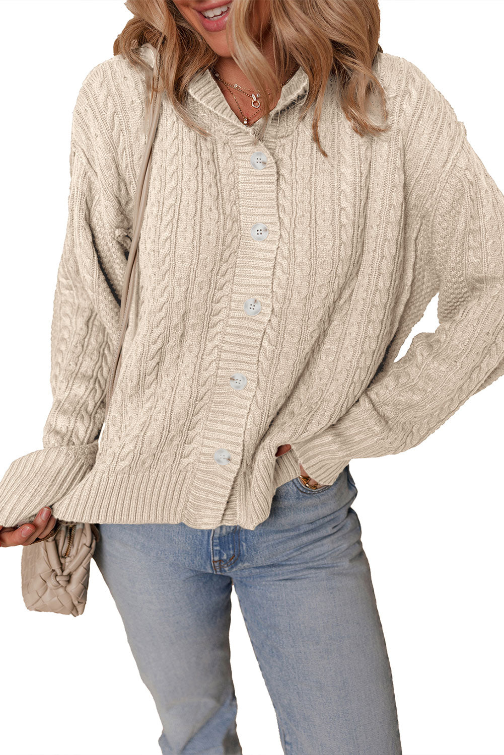 White Cable Knit Texture Uneven Hem Hooded Chic Cardigan Cardigans JT's Designer Fashion