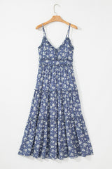 Blue Floral Spaghetti Strap Frilled V Neck Tiered Midi Dress Midi Dresses JT's Designer Fashion