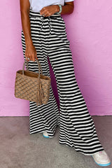 Black Stripe Lace-up Waist Casual Flared Pants Pants & Culotte JT's Designer Fashion