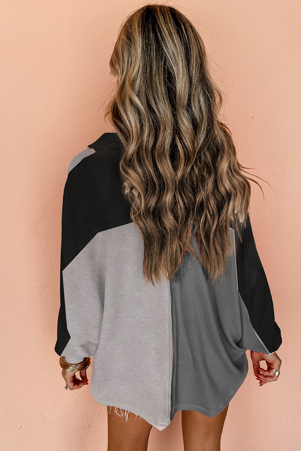 Gray Colorblock Ribbed Collared Oversized Sweatshirt Sweatshirts & Hoodies JT's Designer Fashion