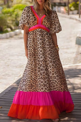 Bright Pink Leopard Colorblock Patchwork Bubble Sleeve Long Dress Bright Pink 100%Polyester Maxi Dresses JT's Designer Fashion