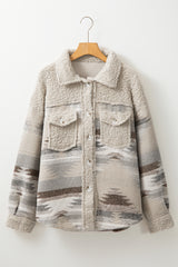Khaki Western Aztec Print Sherpa Splicing Buttoned Flap Pocket Coat Jackets JT's Designer Fashion