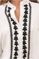 Beige Floral Embroidered Stand Neck Buttoned Shirt Blouses & Shirts JT's Designer Fashion