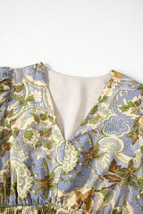 Multicolour Vintage Floral V Neck Short Puff Sleeve Long Dress Dresses JT's Designer Fashion