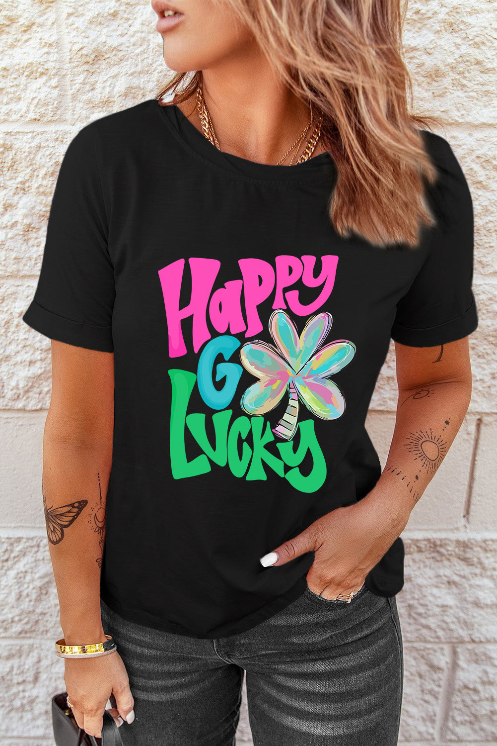 Black Happy GO Lucky Clover Print Crew Neck T Shirt Graphic Tees JT's Designer Fashion