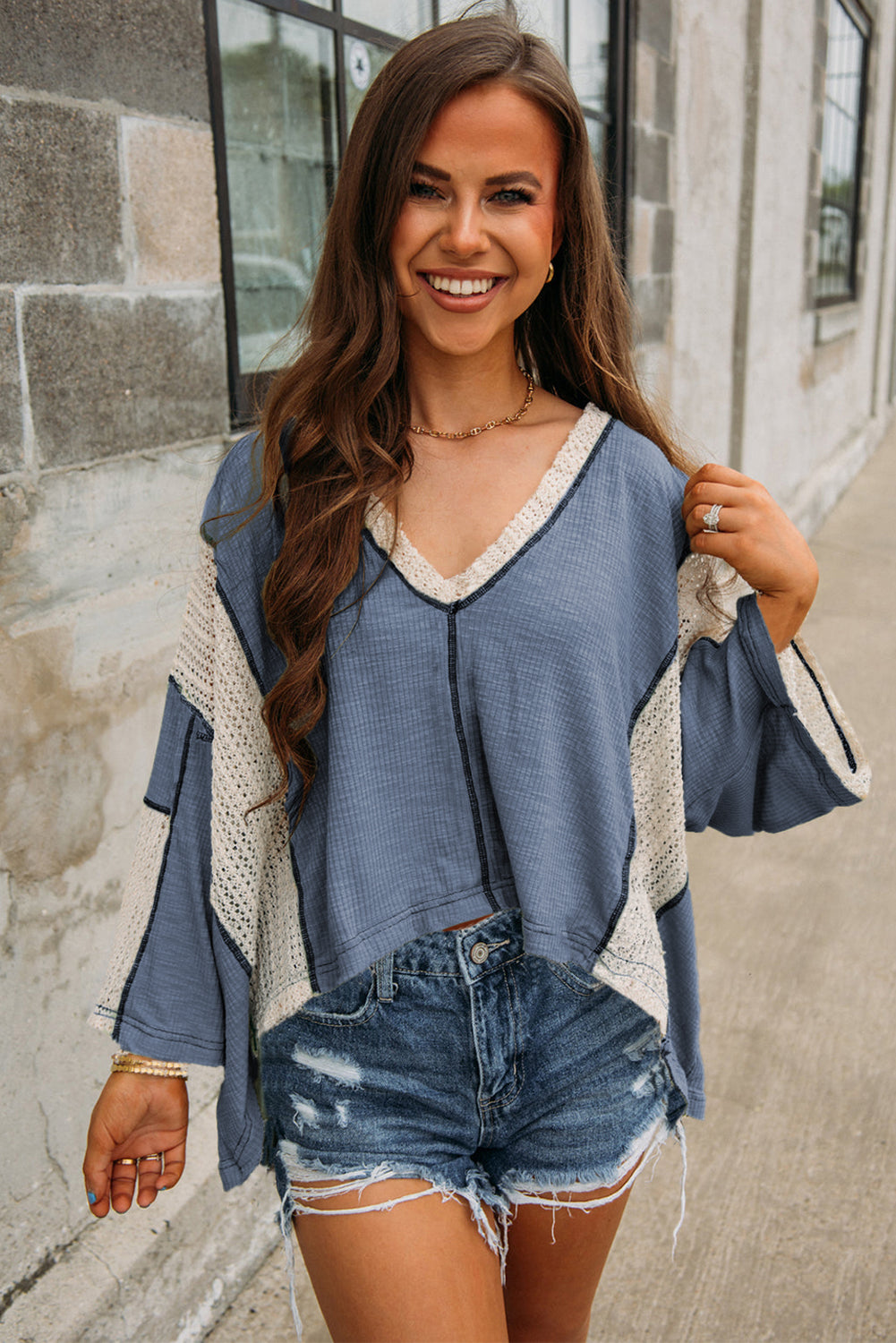Ashleigh Blue Crochet Detail Exposed Seam High Low Loose Top Long Sleeve Tops JT's Designer Fashion