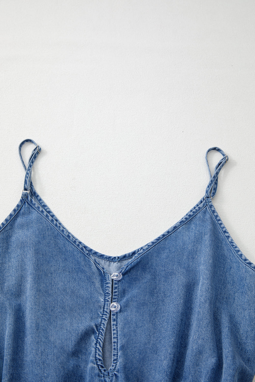 Ashleigh Blue Spaghetti Straps V Neck Belted Ruffled Leg Chambray Romper Bottoms JT's Designer Fashion