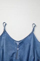 Ashleigh Blue Spaghetti Straps V Neck Belted Ruffled Leg Chambray Romper Bottoms JT's Designer Fashion