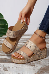 Camel Rivet Double Straps Wedge Slippers Slippers JT's Designer Fashion