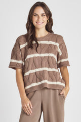 Dark Khaki Striped Cable Short Sleeve Sweater Sweaters & Cardigans JT's Designer Fashion