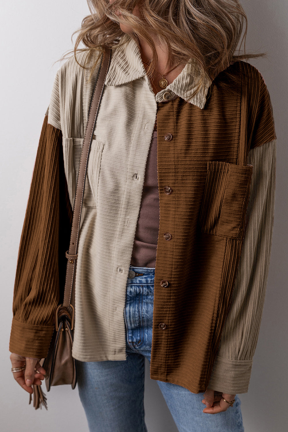 Brown Color Block Chest Pockets Buttoned Corduroy Shacket Brown 100%Polyester Jackets JT's Designer Fashion
