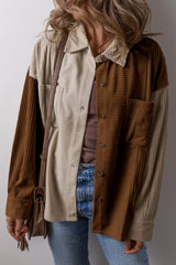 Brown Color Block Chest Pockets Buttoned Corduroy Shacket Brown 100%Polyester Jackets JT's Designer Fashion