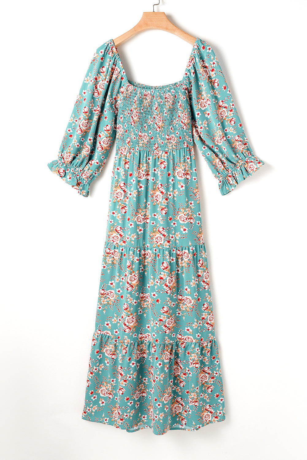 Green Plus Size Floral Print Square Neck Smocked Maxi Dress Plus Size Maxi Dresses JT's Designer Fashion