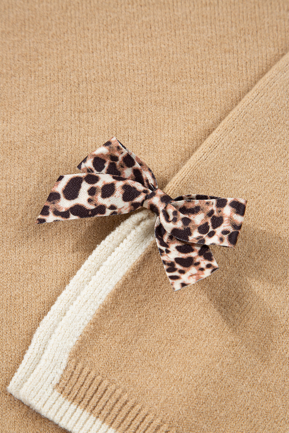 Tan Leopard Bow Decor Split Cuff Contrast Trim Sweater Sweaters JT's Designer Fashion