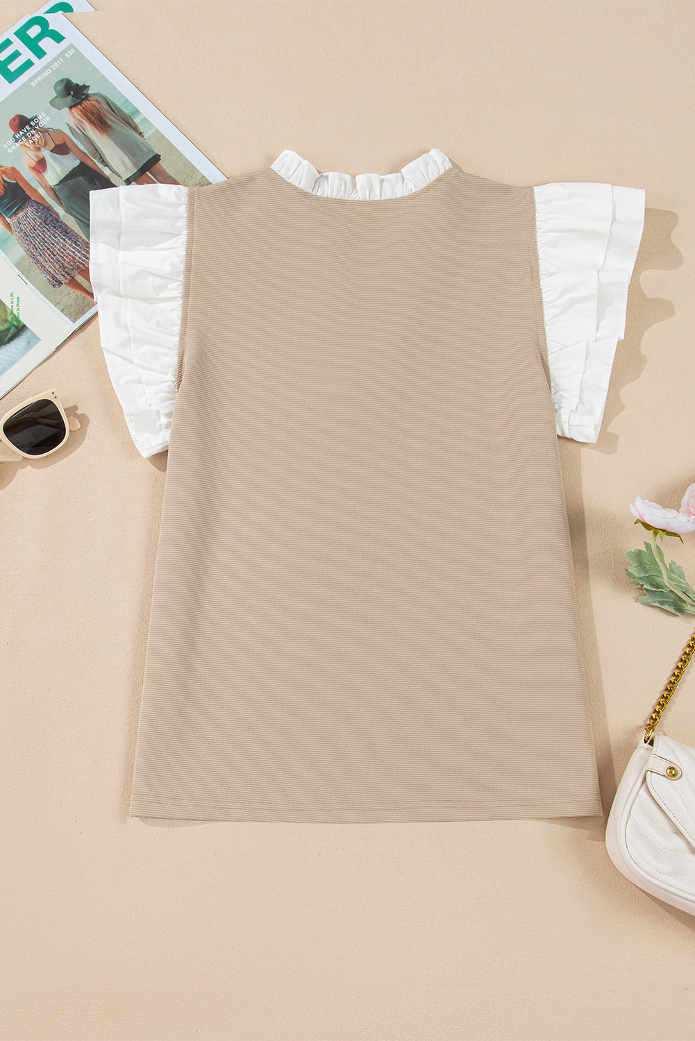 Pale Khaki Contrast V Neck Ruffled Textured Knit Top Blouses & Shirts JT's Designer Fashion
