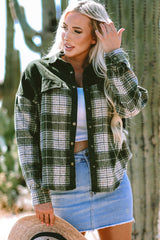 Blackish Green Snap Buttons Colorblock Plaid Shacket Blackish Green 100%Polyester Plaid Shackets JT's Designer Fashion
