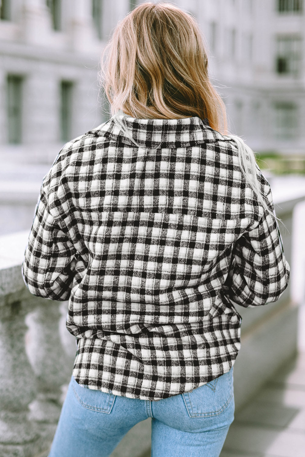 Black Plaid Print Chest Pockets Buttoned Tunic Shacket Plaid Shackets JT's Designer Fashion