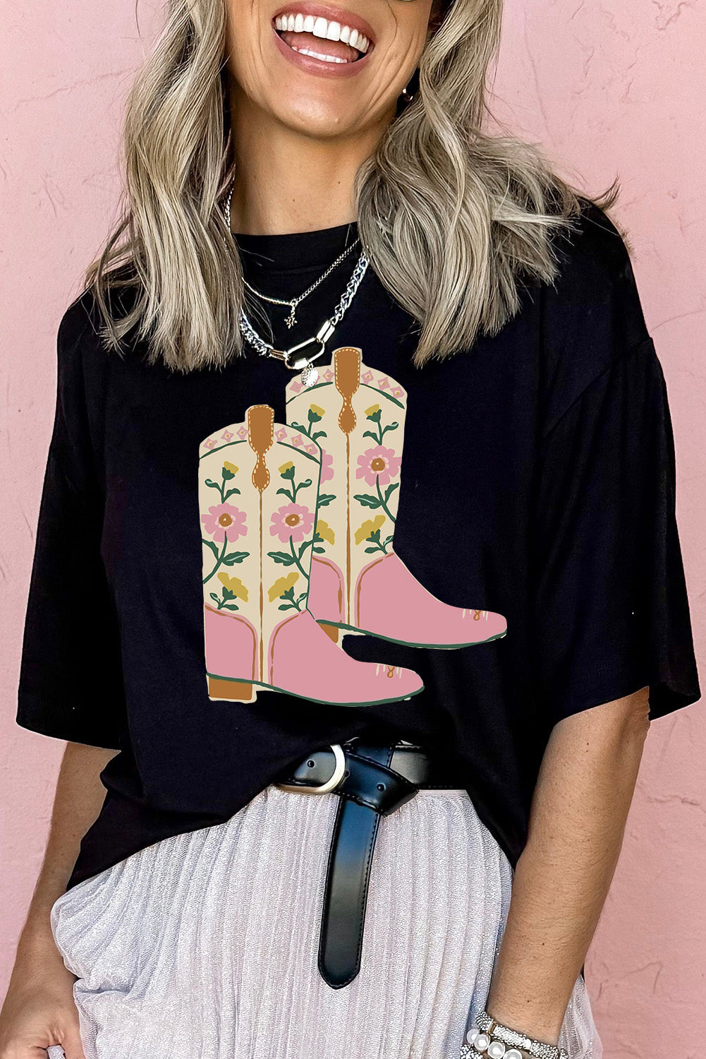 Black Floral Cowgirl Boots Cotton Blend T Shirt Graphic Tees JT's Designer Fashion