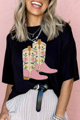 Black Floral Cowgirl Boots Cotton Blend T Shirt Graphic Tees JT's Designer Fashion