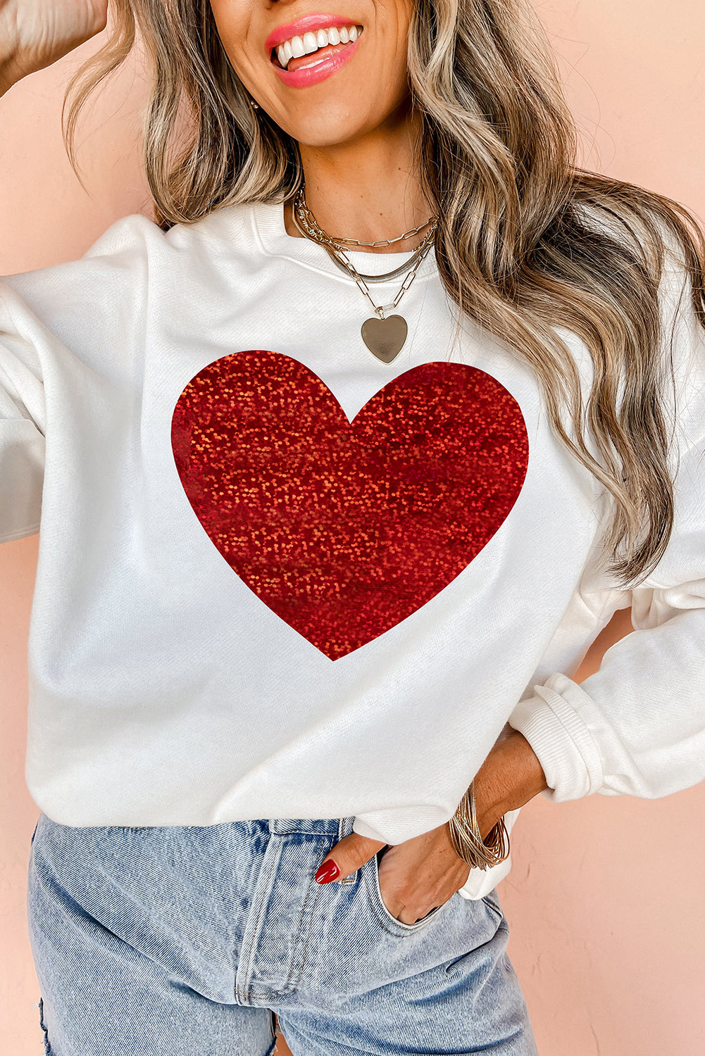 Beige Glitter Valentine Heart Shape Graphic Sweatshirt Beige 50%Polyester+50%Cotton Graphic Sweatshirts JT's Designer Fashion