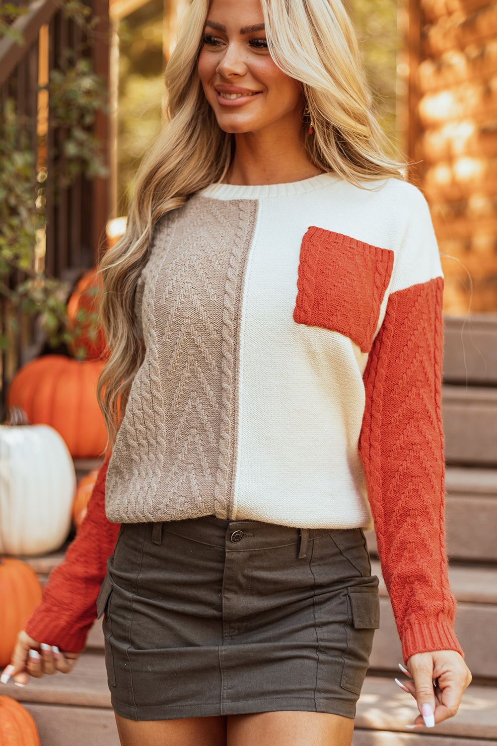 Gold Flame Colorblock Patched Pocket Drop Shoulder Sweater Gold Flame 65%Acrylic+35%Polyamide Sweaters JT's Designer Fashion