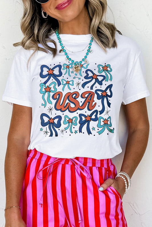 White USA Bowknot Graphic Tee Graphic Tees JT's Designer Fashion