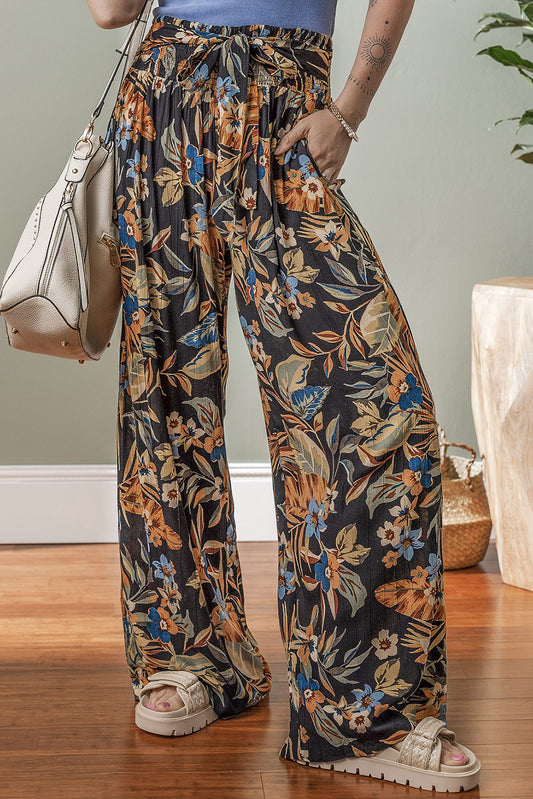 Multicolour Floral Shirred High Waist Wide Leg Pants with Tie Pants & Culotte JT's Designer Fashion