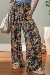 Multicolour Floral Shirred High Waist Wide Leg Pants with Tie Pants & Culotte JT's Designer Fashion