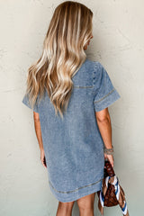 Beau Blue Short Sleeve Collared Patched Pocket Denim Mini Dress Mini Dresses JT's Designer Fashion