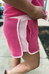 Rose Red 3D Spiral Ribbed Texture 2 Tones Patchwork Short Set Short Sets JT's Designer Fashion