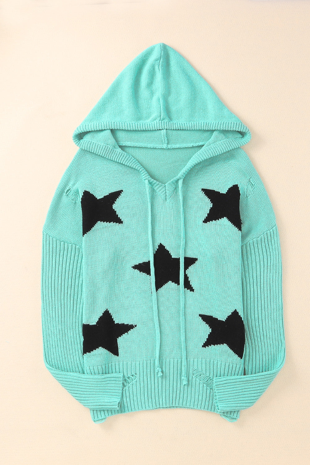 Green V Neck Star Pattern Hooded Sweater with Slits Sweaters & Cardigans JT's Designer Fashion