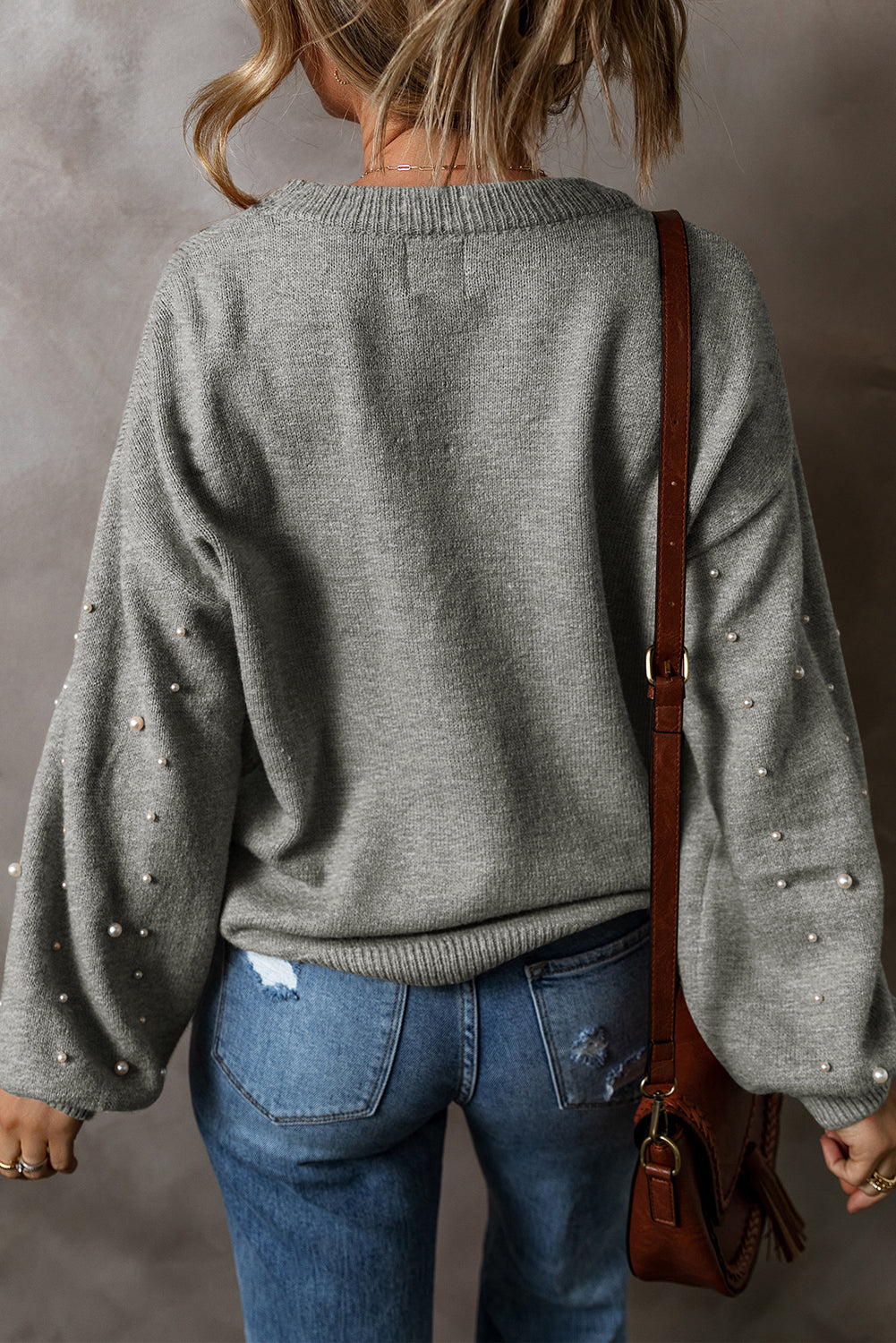 Light Grey Pearled Drop Shoulder Round Neck Sweater Sweaters JT's Designer Fashion